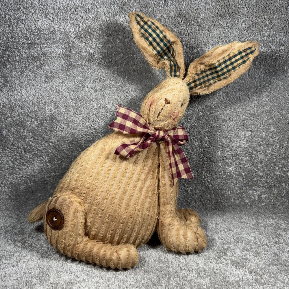 Tellon Decorative Bunny Figurine Tan Corduroy Plaid Bow‎ Primitive Rustic OS